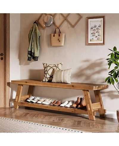 Tribesigns 63" Solid Wood Bench, 2-Tier Shoe Rack, Farmhouse Entryway Bench with Storage Shelf, Kitchen Dining Bench