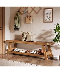 Tribesigns 63" Solid Wood Bench, 2-Tier Shoe Rack, Farmhouse Entryway Bench with Storage Shelf, Kitchen Dining Bench