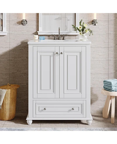 Tribesigns 24" Modern Freestanding Solid Wood Bathroom Vanity with Ceramic Sink, Adjustable Shelf Storage, Soft-Close Cabinet & Drawer