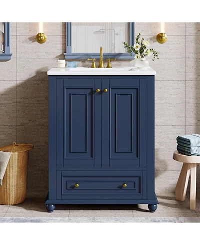 Tribesigns 24" Modern Freestanding Solid Wood Bathroom Vanity with Ceramic Sink, Adjustable Shelf Storage, Soft-Close Cabinet & Drawer