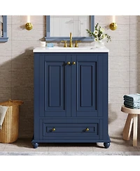 Tribesigns 24" Modern Freestanding Solid Wood Bathroom Vanity with Ceramic Sink, Adjustable Shelf Storage, Soft-Close Cabinet & Drawer