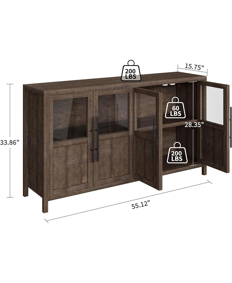 gaomon Sideboard Buffet Cabinet with 4 Glass Doors, 55 in Buffet Table Coffee Bar Wine Bar Display Cabinet for Kitchen Dining Room