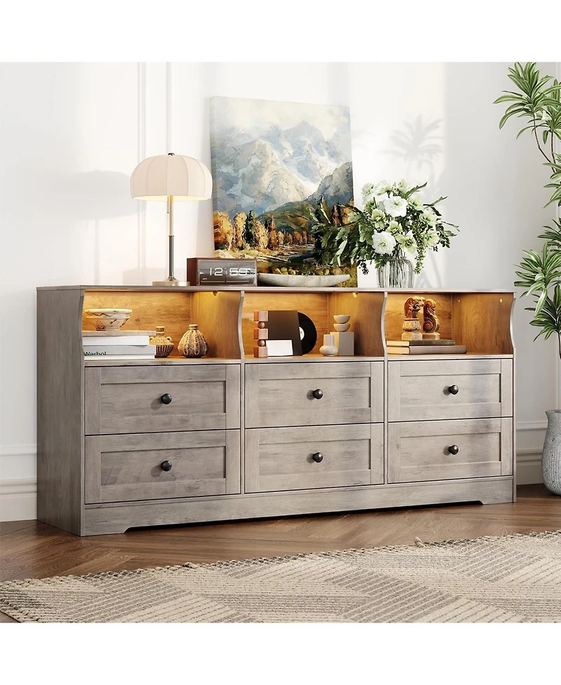 gaomon 6 Drawer Dresser with Rgb Lights & Power Outlet, Wood Tv Stand Storage Cabinet for Bedroom, Living Room