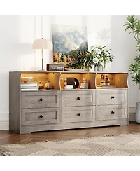 gaomon 6 Drawer Dresser with Rgb Lights & Power Outlet, Wood Tv Stand Storage Cabinet for Bedroom, Living Room