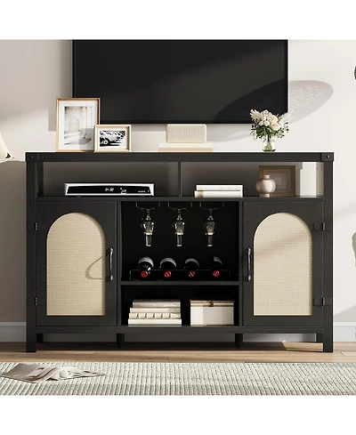 gaomon Rattan Buffet Cabinet with Storage Wine Bar Sideboard with Glass Holder Adjustable Shelves Coffee Bar