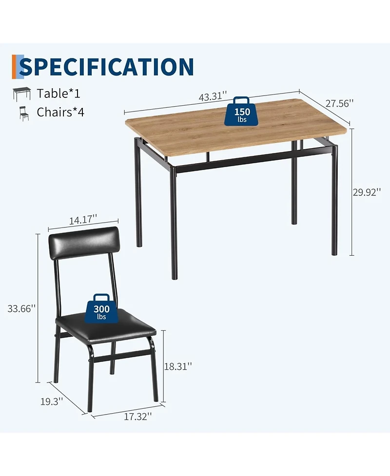 gaomon 5 Piece Dining Table Set for 4, Wood Table with 4 Upholstered Chairs, Industrial Frame Dinette for Kitchen, Rustic Brown