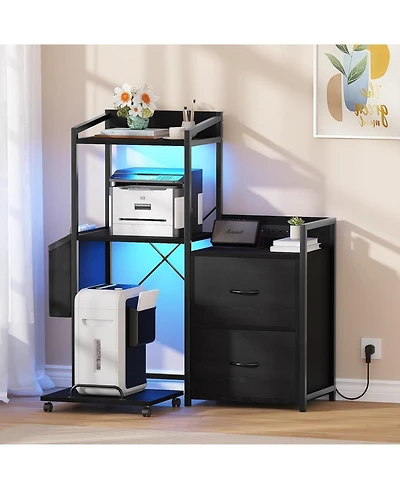 gaomon Printer Stand with Storage, 49.2" × 37.8" 3-Tier 3D Printer Table with 2 Drawers, Charging Station & Led Lights, Side Organizer