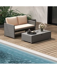 Gymax 2 Pcs Patio Loveseat w/ 31 Gal Multifunctional Storage Ottoman and Soft Cushions