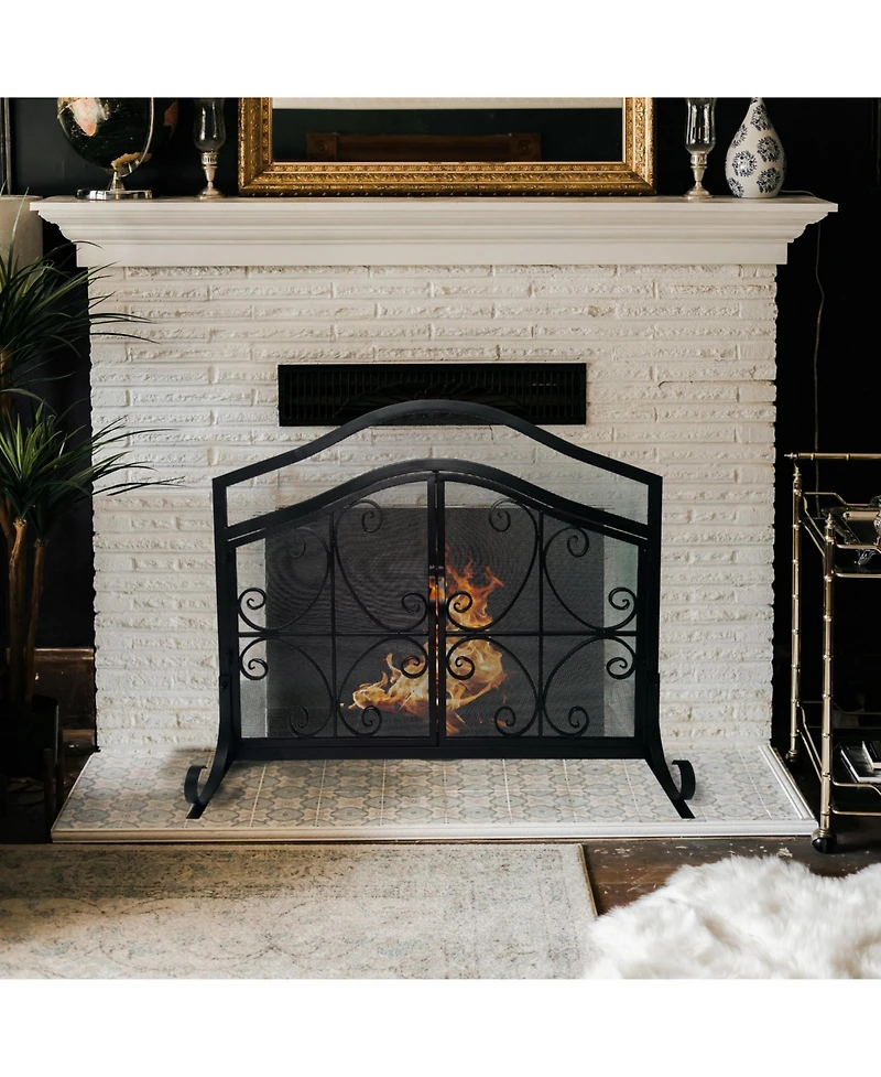 flynama Iron Fireplace Screen 43 Inch with Scrollwork and Mesh Design