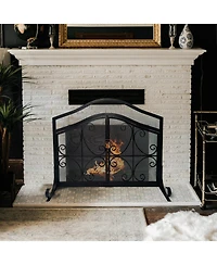 flynama Iron Fireplace Screen 43 Inch with Scrollwork and Mesh Design