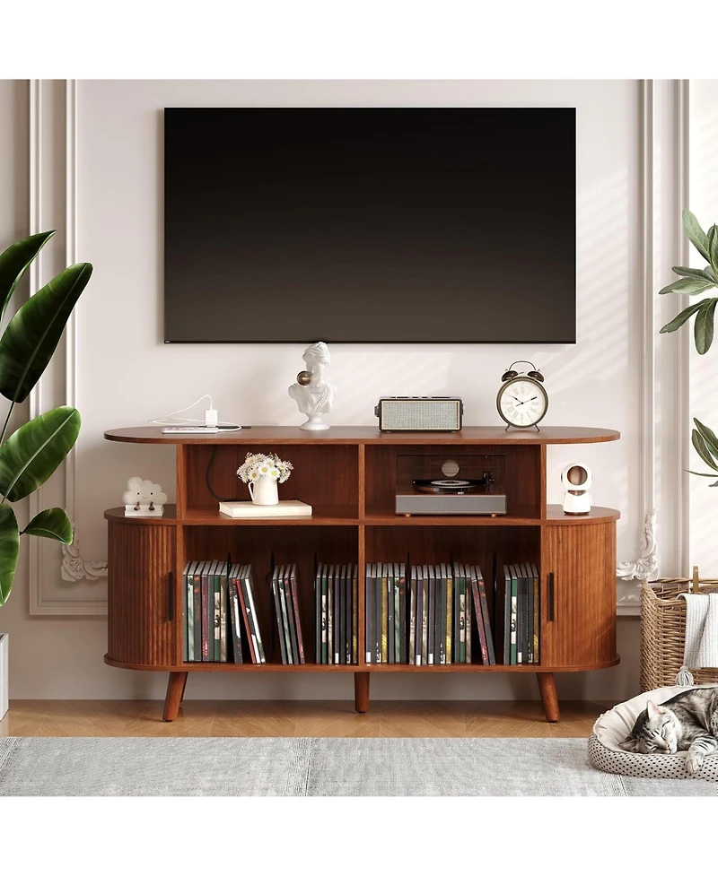 gaomon 55" Fluted Mid-Century Modern Turntable Cabinet with Vinyl Storage & Round Record Stand