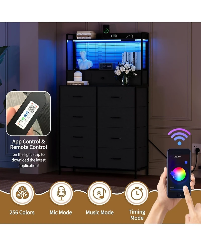 gaomon Rustic Dresser for Bedroom with Charging Station, App Controlled Rgb Led