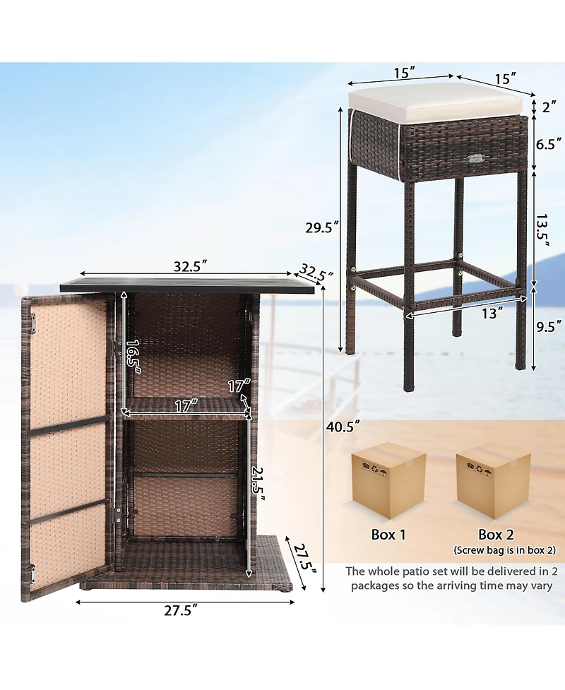 Gymax 5PCS Patio Bar Set Rattan Bar Furniture Set w/ Table & 4 Cushioned Stools
