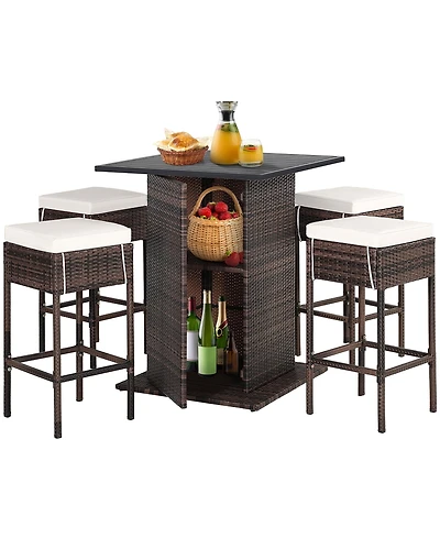 Gymax 5PCS Patio Bar Set Rattan Bar Furniture Set w/ Table & 4 Cushioned Stools