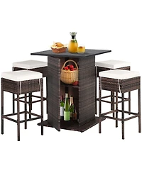 Gymax 5PCS Patio Bar Set Rattan Bar Furniture Set w/ Table & 4 Cushioned Stools
