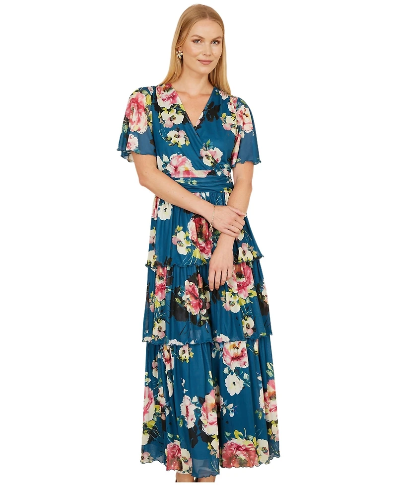 Yumi Women's Floral Mesh Tiered Maxi Dress