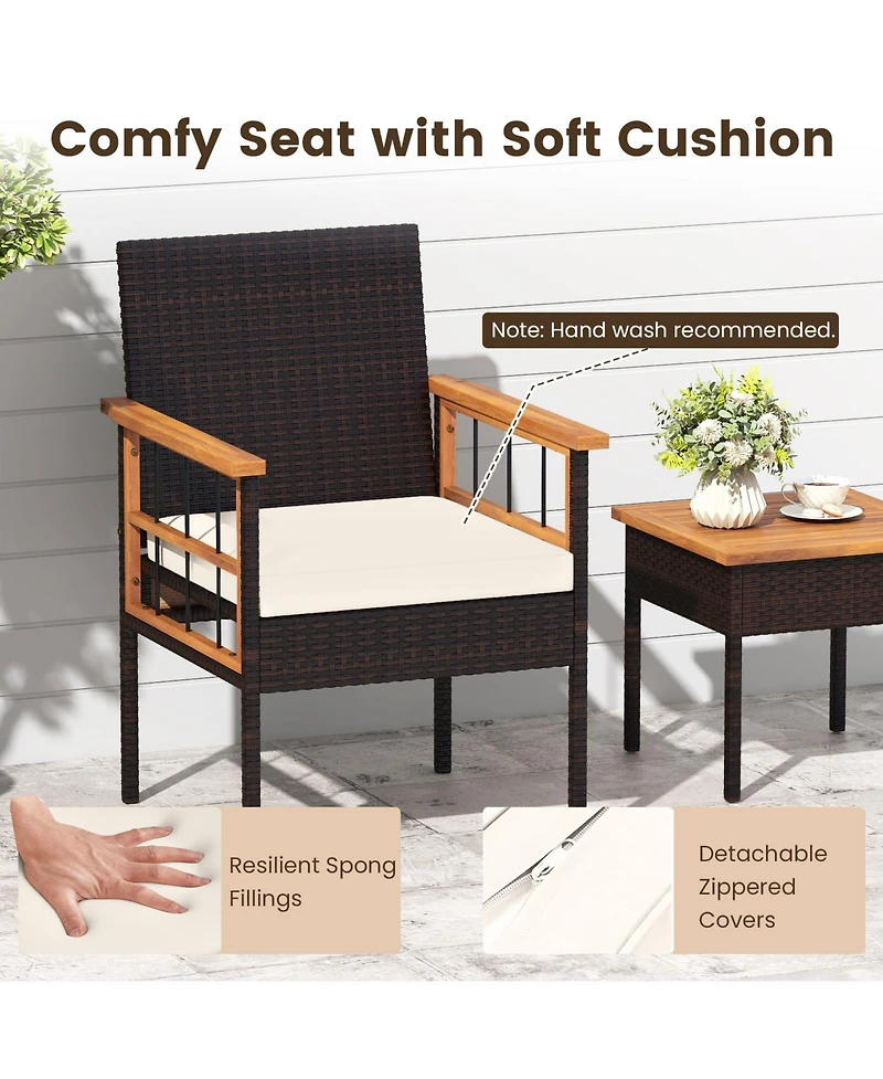 Gymax Set of 3 Wicker Furniture Set w/Acacia Wood Tabletop Armrests Cushions for Backyard
