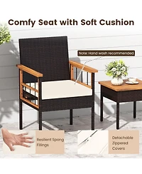 Gymax Set of 3 Wicker Furniture Set w/Acacia Wood Tabletop Armrests Cushions for Backyard