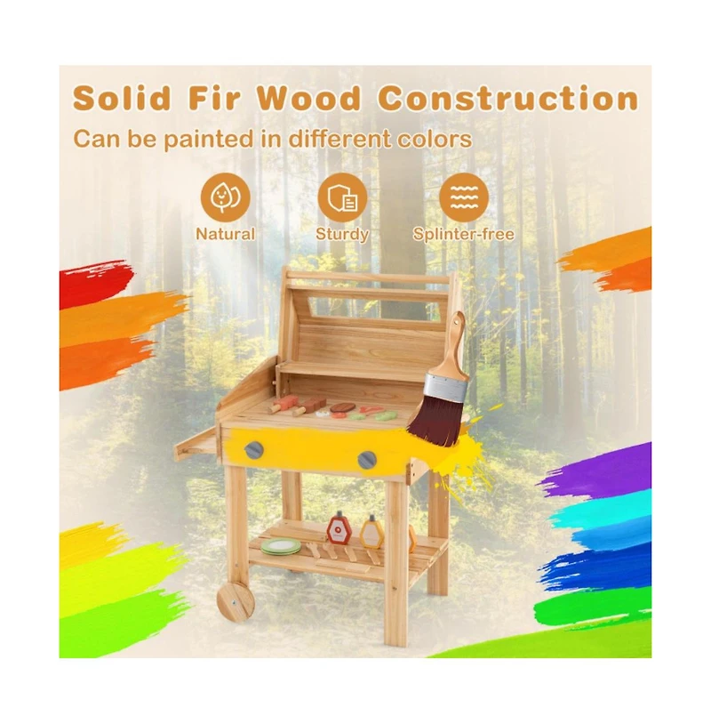 Hongge Kids Wooden Barbecue Grill Playset Pretend Kitchen with Food and Wheels