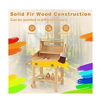 Hongge Kids Wooden Barbecue Grill Playset Pretend Kitchen with Food and Wheels