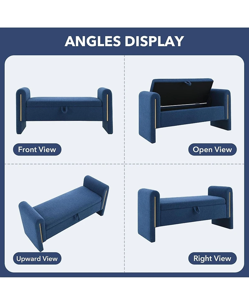 Rainsken Upholstered Storage Ottoman, Modern Teddy End of Bed Bench, Window Storage Stool with Arms for Living Room, Bedroom