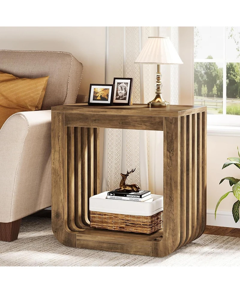 Tribesigns Side Table Set of 2, Farmhouse Narrow End Table with Slatted Open Frame, Wooden Rustic Accent Sofa Side Table