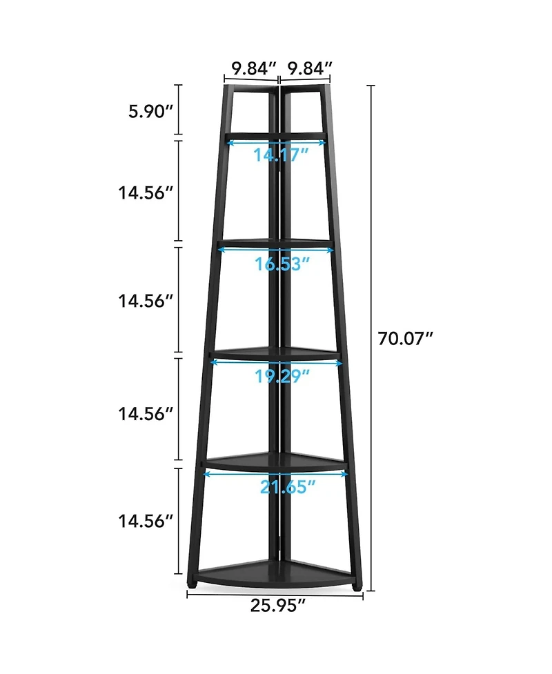 Rainsken 5-Tier Tall Corner Shelf, Ladder Display Shelf, Industrial Storage Organizer with 5 Open Shelves for Living Room, Home Office