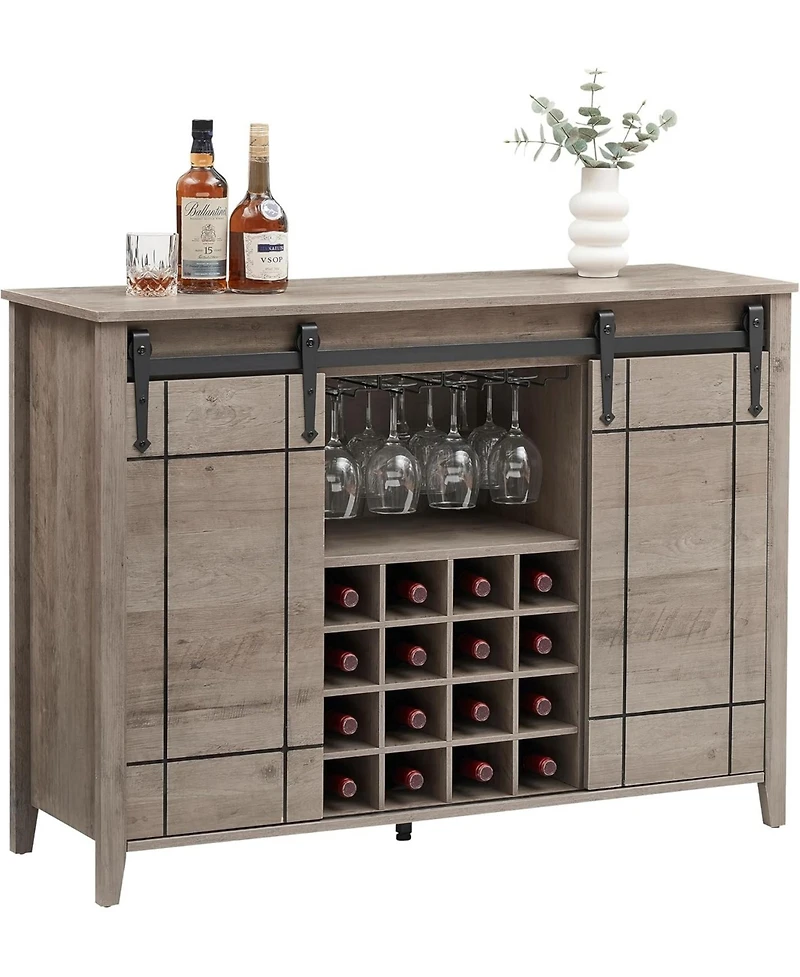 gaomon Farmhouse Bar Cabinet with Sliding Barn Doors, Rustic Liquor & Coffee Station with Wine Glass Racks & Adjustable Shelves