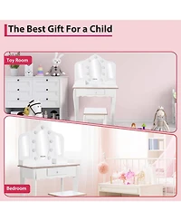 gaomon Kids Vanity Table and Chair Set with 3 Mirrors, Led Light & Drawer, Wooden Makeup Set