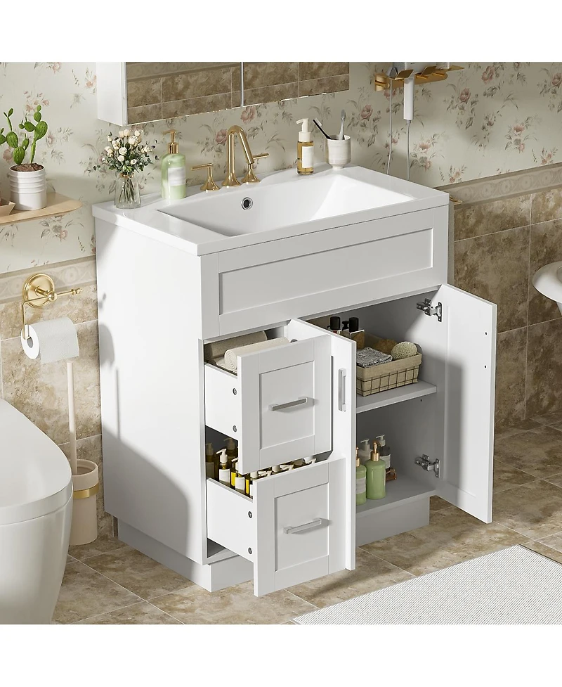 Sillysis 30" Modern White Bathroom Vanity with Smc Resin Sink, Soft Close Drawers & Adjustable Shelves for Small Spaces