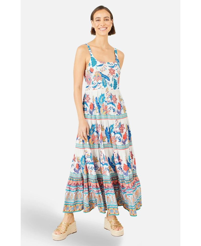 Yumi Women's Floral Block Print Tiered Maxi Sun Dress