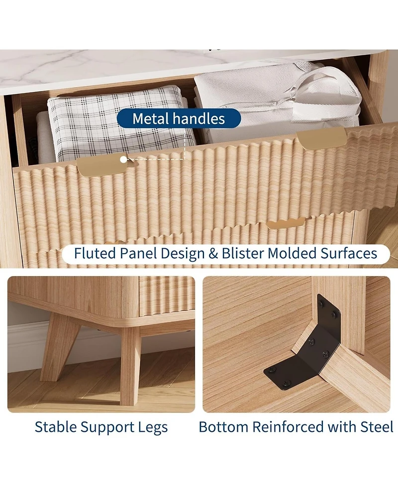 gaomon 32" Width Fluted Nightstand Set of 2, Modern 3 Drawer Bedside Table with Faux Marble Top, Wood Chest of Bedside Table with Curved Profile