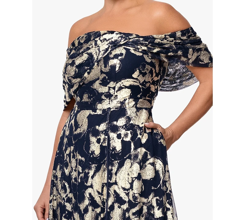 Betsy & Adam Plus Printed Off-The-Shoulder Ball Gown