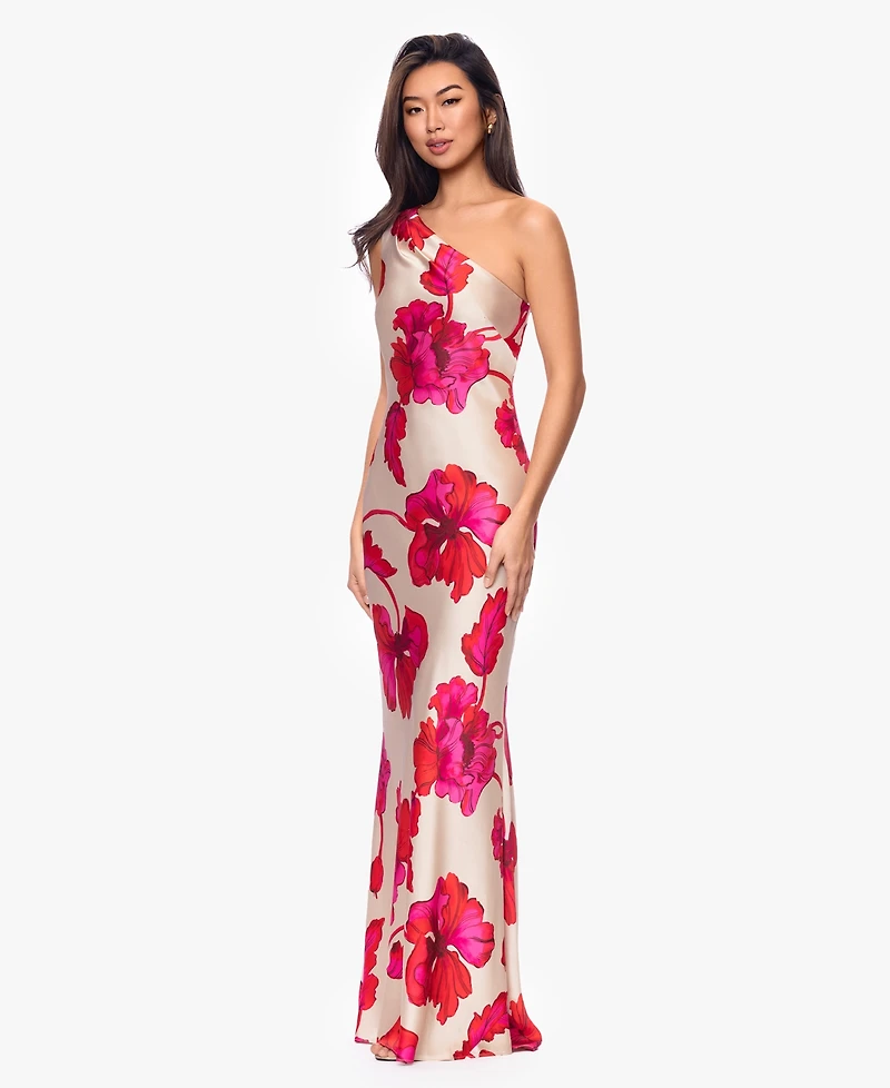 Xscape Petite One-Shoulder Printed Gown