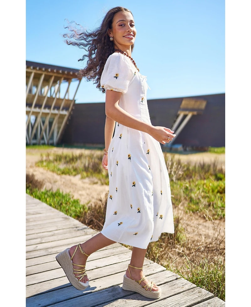 Yumi Women's Cotton Sunflower Embroidered Midi Dress