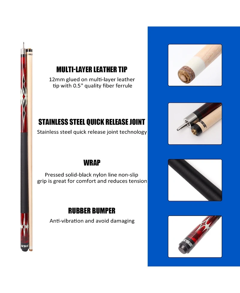 Gse Games & Sports Expert 58" 2-Piece Red Canadian Maple Hardwood Billiard Pool Cue Stick for Men/Women