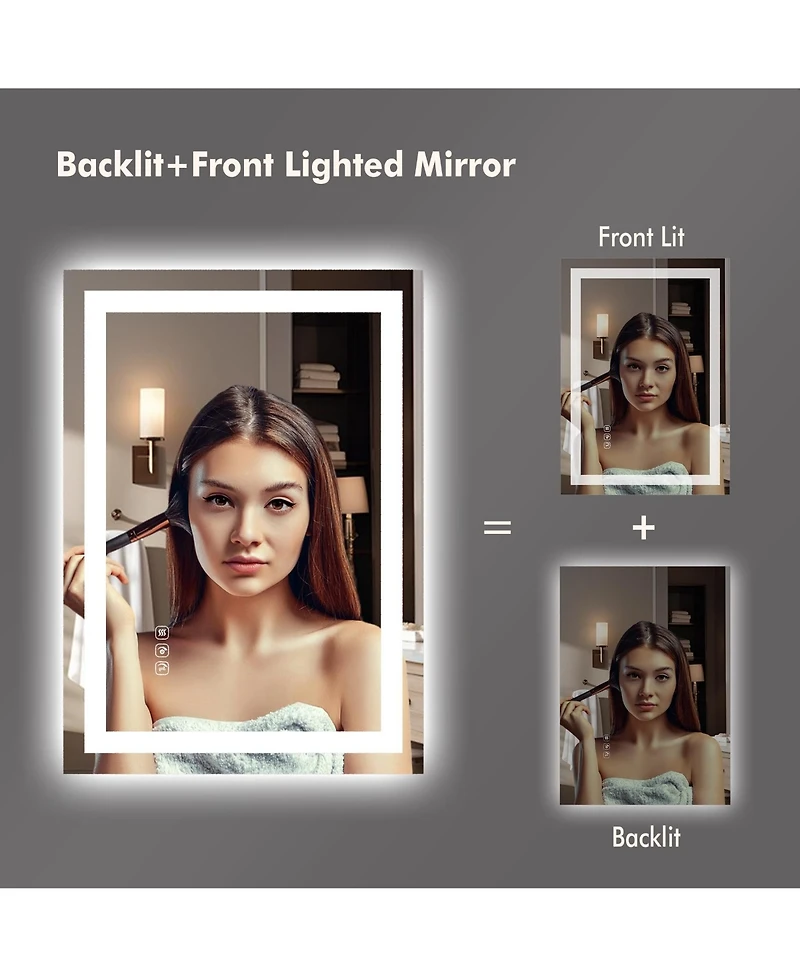 Homfan Led Bathroom Mirror 2028 Wall-Mounted Vanity Mirrors Stepless Dimmable Wall Mirrors, Backlit + Front Lit, Memory Function, Waterproof