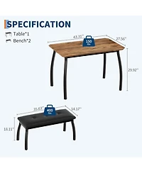 gaomon 3-Piece Wooden Dining Table Set with 2 Upholstered Benches, Retro Brown