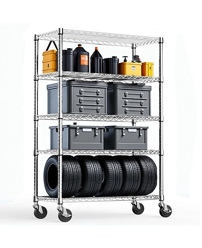 Rainsken 5-Tier Storage Shelves, Heavy Duty Metal Wire Shelving Unit, Adjustable Shelving Rack with Wheels for Basement, Warehouse, Chrome