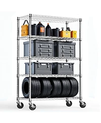 Rainsken 5-Tier Storage Shelves, Heavy Duty Metal Wire Shelving Unit, Adjustable Shelving Rack with Wheels for Basement, Warehouse, Chrome