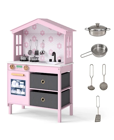 Mecale Kids Play Kitchen Toy with 2 Stoves & Rotating Knobs, Wooden Pretend Play Set
