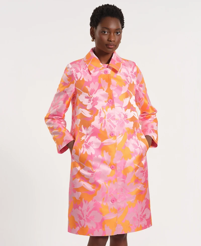 Isaac Mizrahi Women's Long-Sleeve Collared Floral Trench Coat