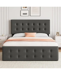 gaomon Full Bed Frame With 4 Drawers Linen Upholstered Headboard Button Design Wood Slats No Box Spring Light