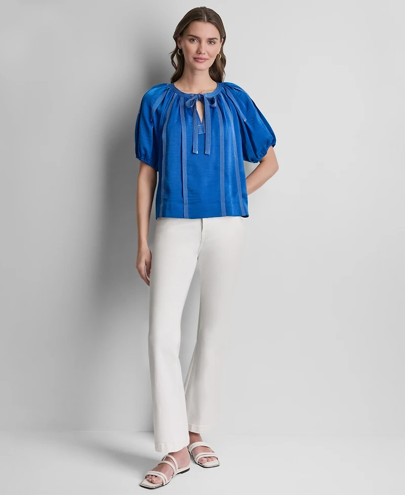 Dkny Women's Puff-Sleeve Top Stitch Tie Front Blouse