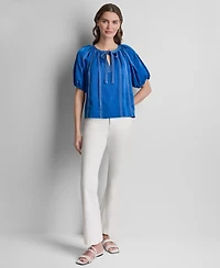 Dkny Women's Puff-Sleeve Top Stitch Tie Front Blouse