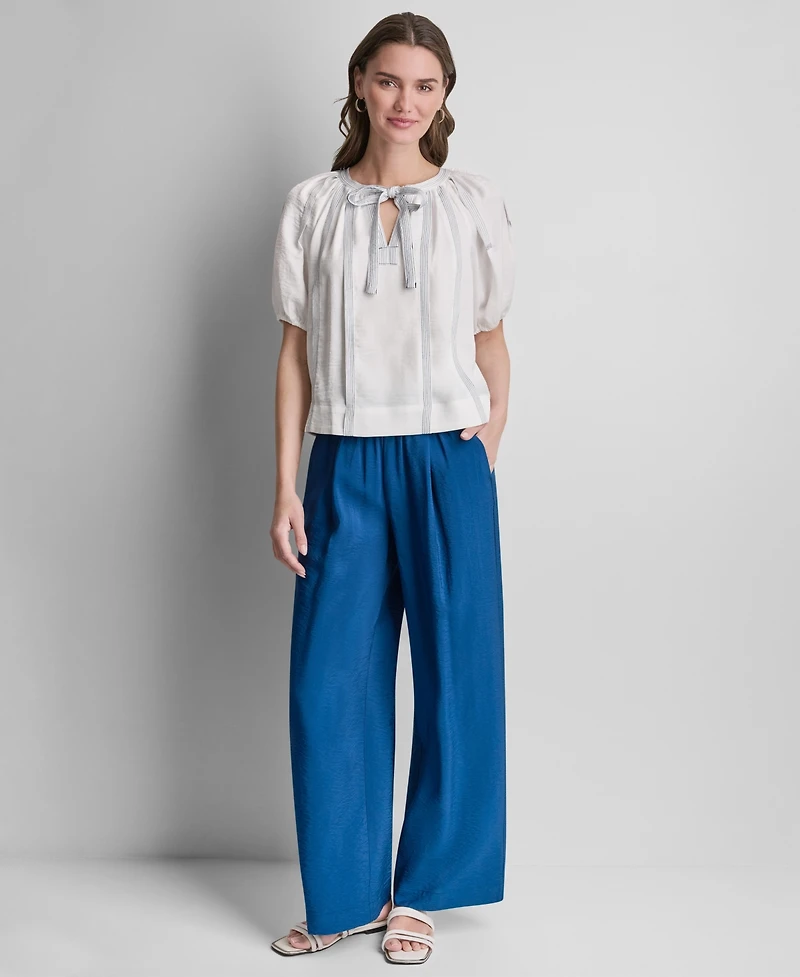 Dkny Women's Puff-Sleeve Top Stitch Tie Front Blouse