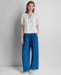 Dkny Women's Puff-Sleeve Top Stitch Tie Front Blouse