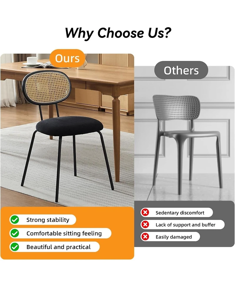 gaomon Mid-Century Rattan Dining Chairs Set, Modern Velvet Upholstered Kitchen Chairs with Sturdy Metal Legs