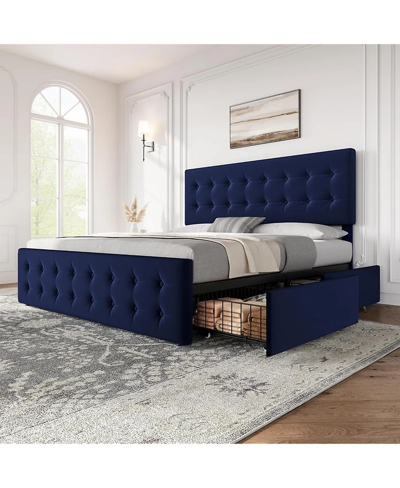 gaomon King Bed Frame With 4 Drawers Velvet Upholstered Headboard Button Design Wood Slats No Box Spring