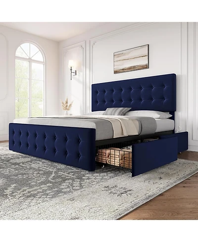 gaomon King Bed Frame With 4 Drawers Velvet Upholstered Headboard Button Design Wood Slats No Box Spring